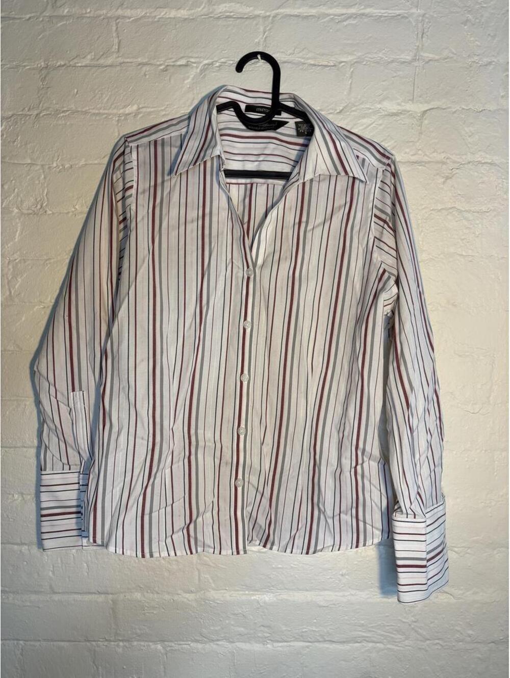 Eddie Bauer white, red, and grey vertical striped cotton & lycra blouse in a S